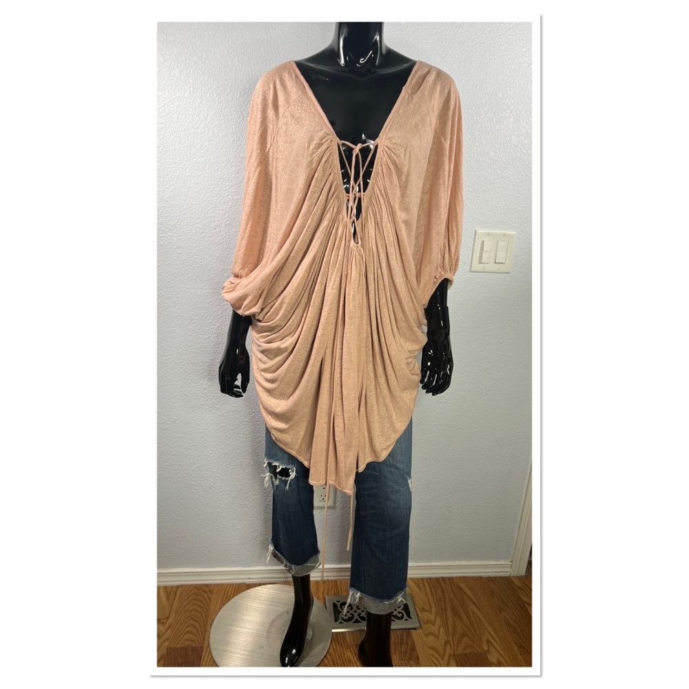 Free People F B Beach Linen Blend Pink Lace Up Top/Cover Up Sz S Oversized NWOT